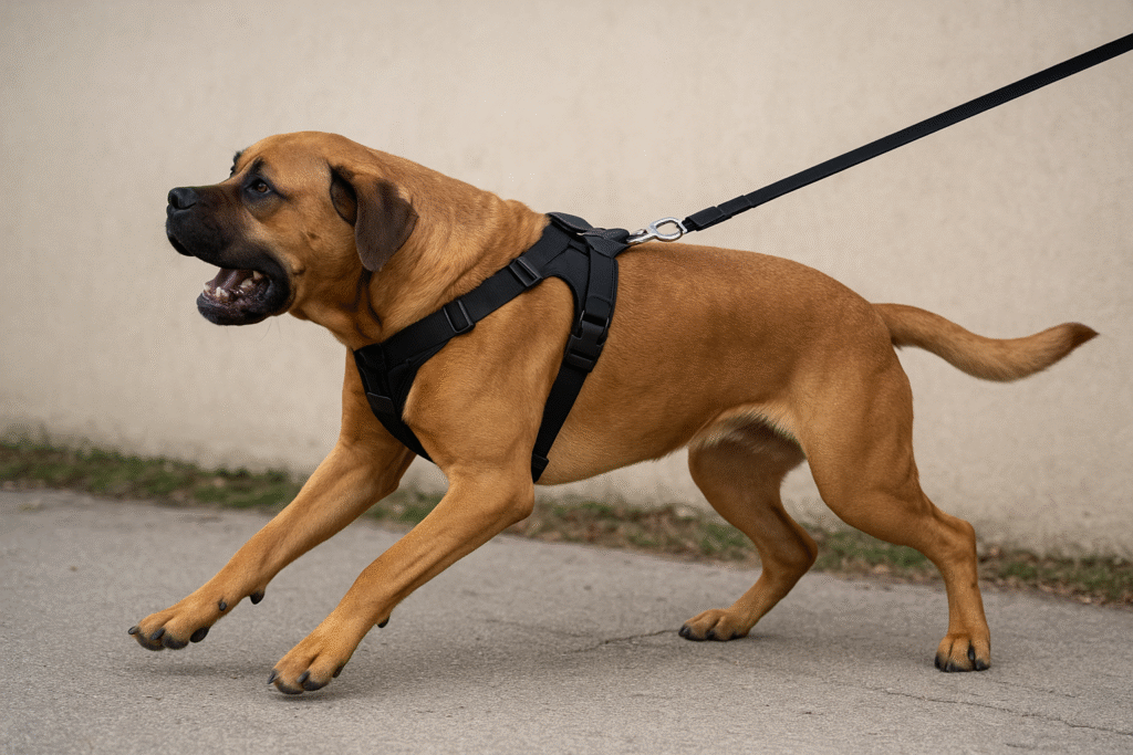 large brown short-haired dog aggressively pulling on a leash.