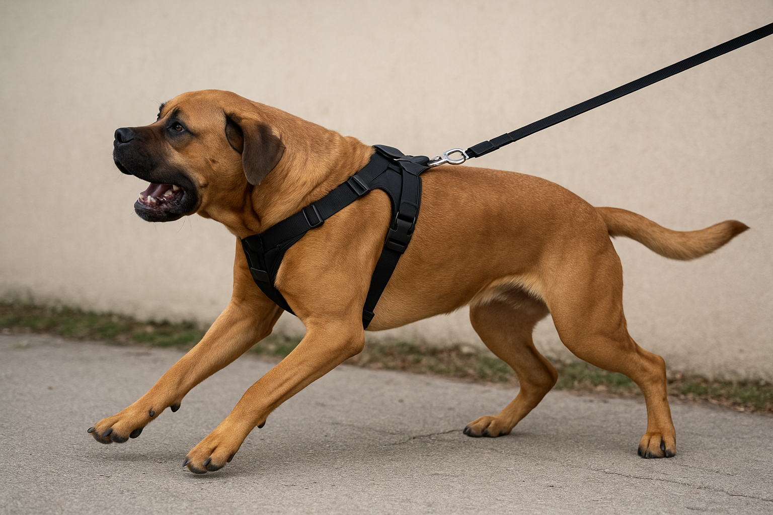 large brown short-haired dog aggressively pulling on a leash.