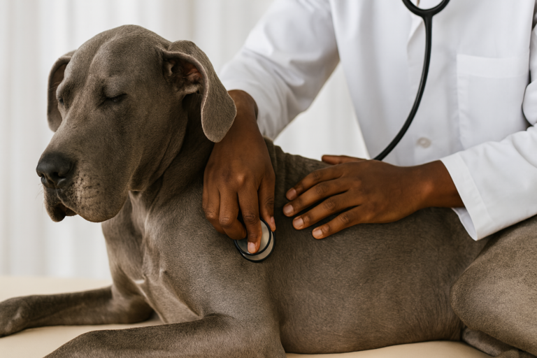Great dane laying on table while vet is examining him.